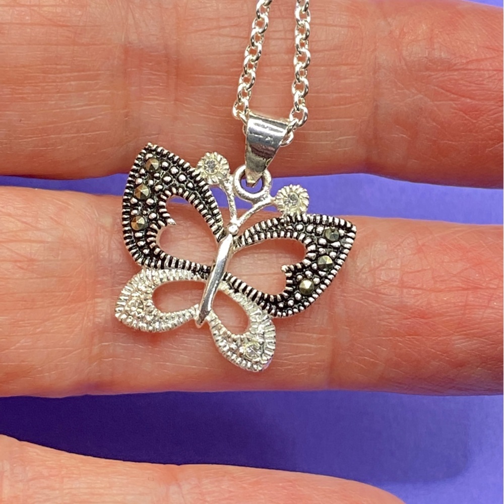 Butterfly Marcsite Black & Crystal Rhinestone Butterfly Pendant Necklace